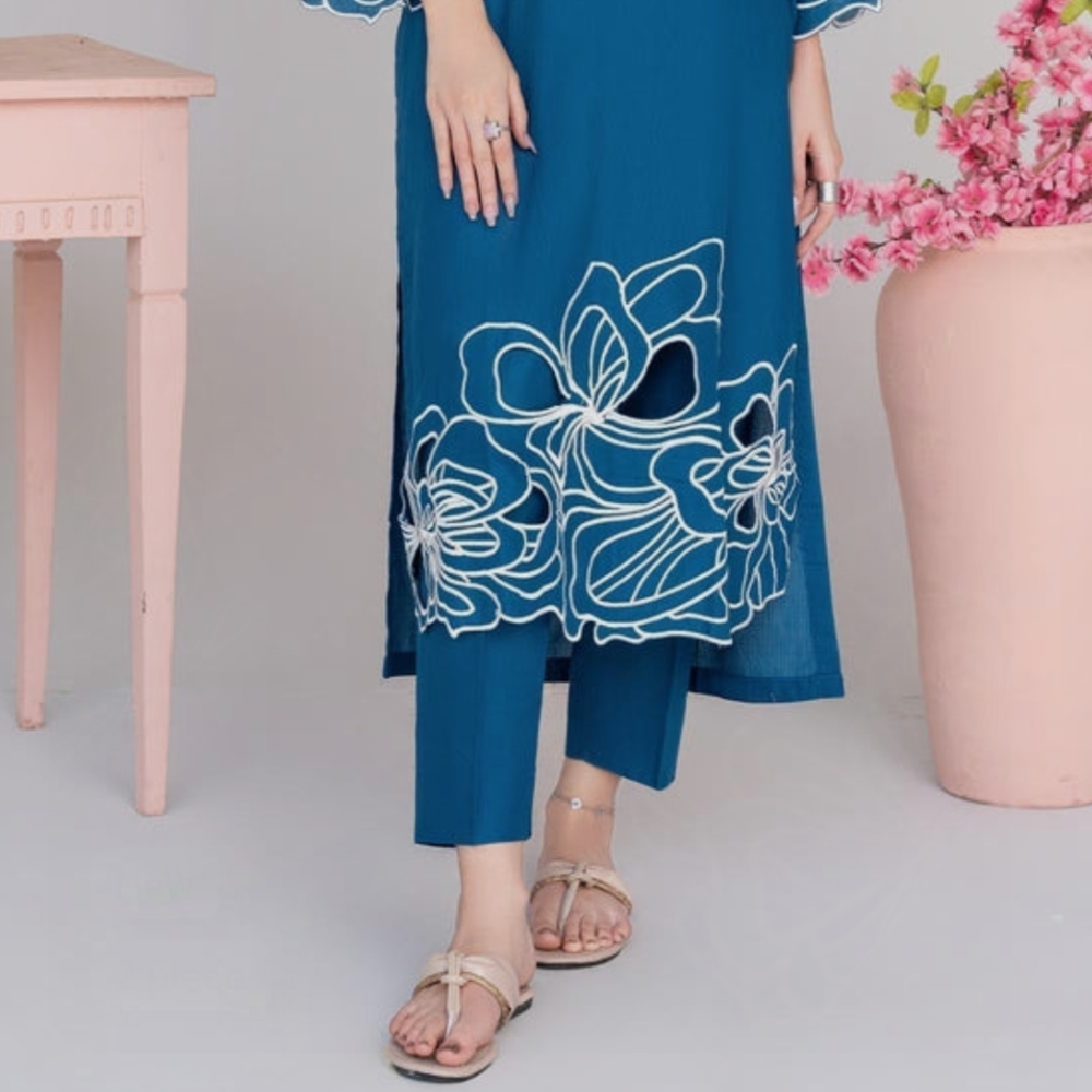 Elegant Blue and White Embroidered Dress - Picture 3 of 6